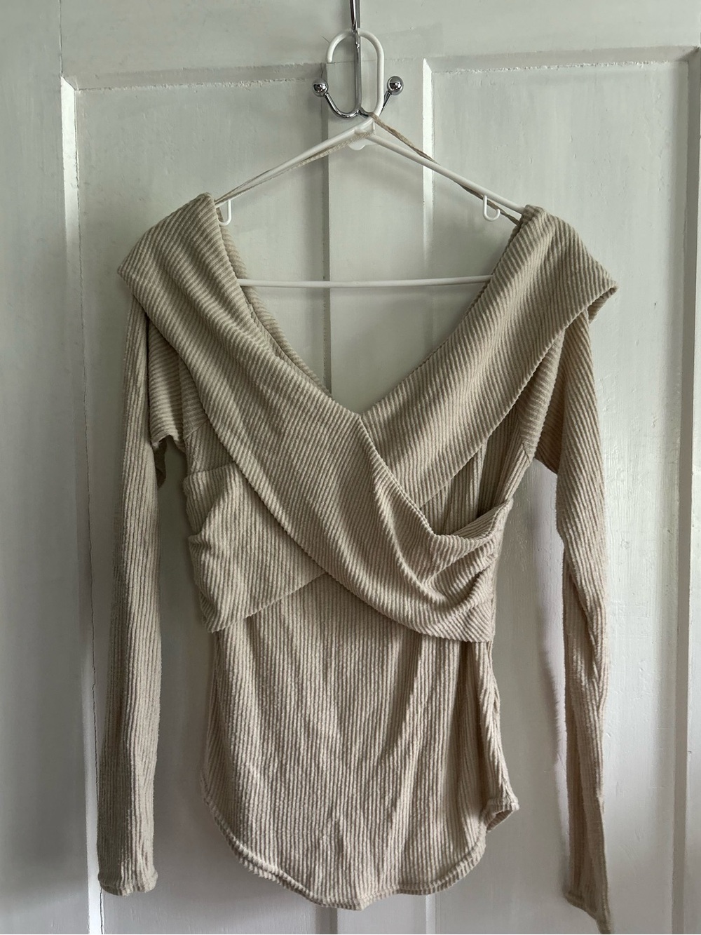 Beige Ribbed Off-Shoulder Long Sleeve Top
